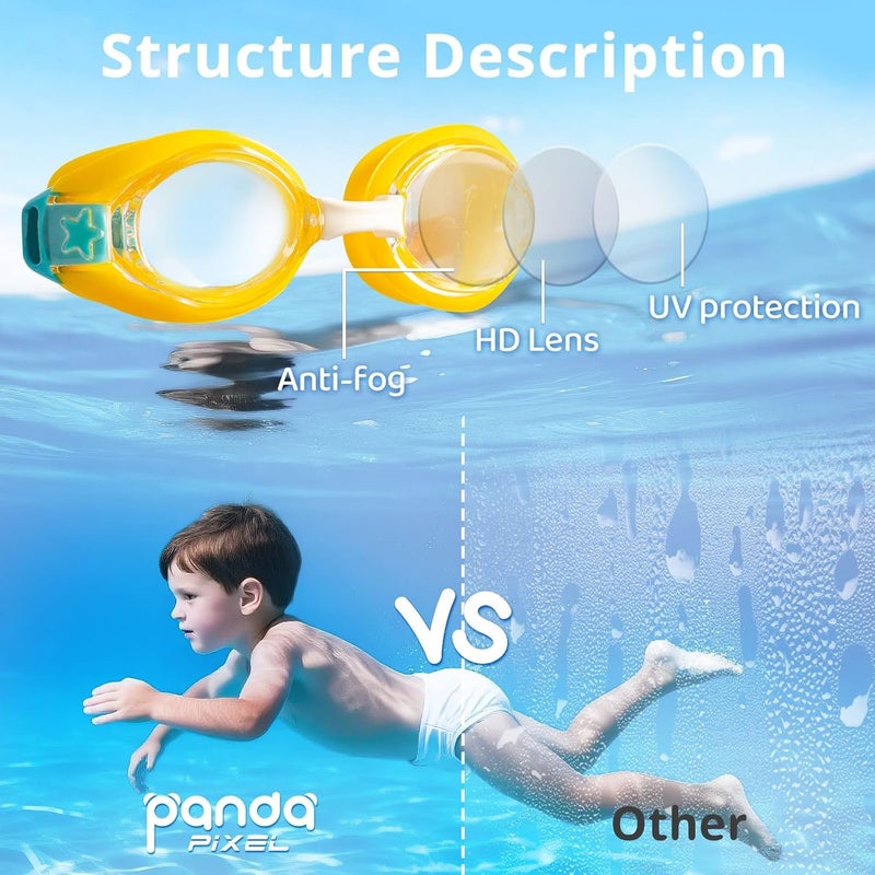 Pixel Panda 2 Pack Kids Swim Goggles with Fabric Strap for 3-14 Anti-Fog Anti-UV, No Leak No Hair Pulling Swimming Goggles - Image 4